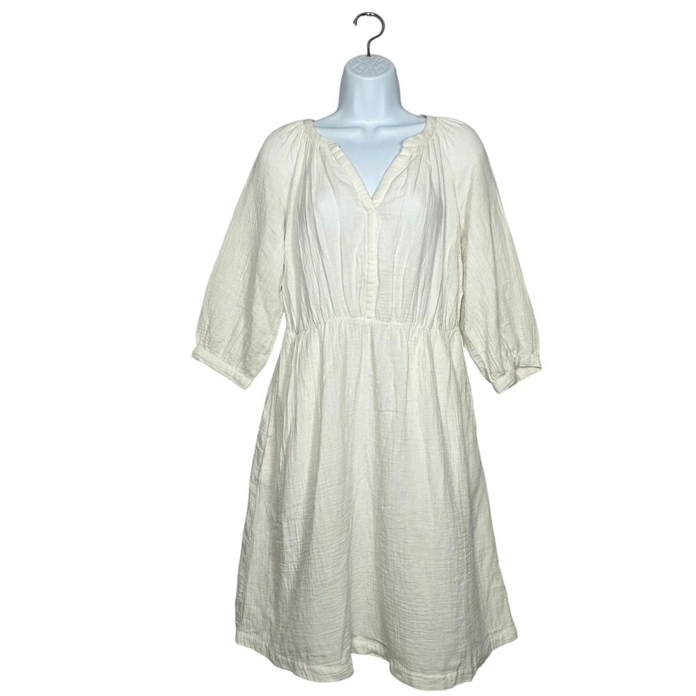 Pact Organic Cotton Gauze Dress S Ivory Pockets Coastal Boho Knee Length